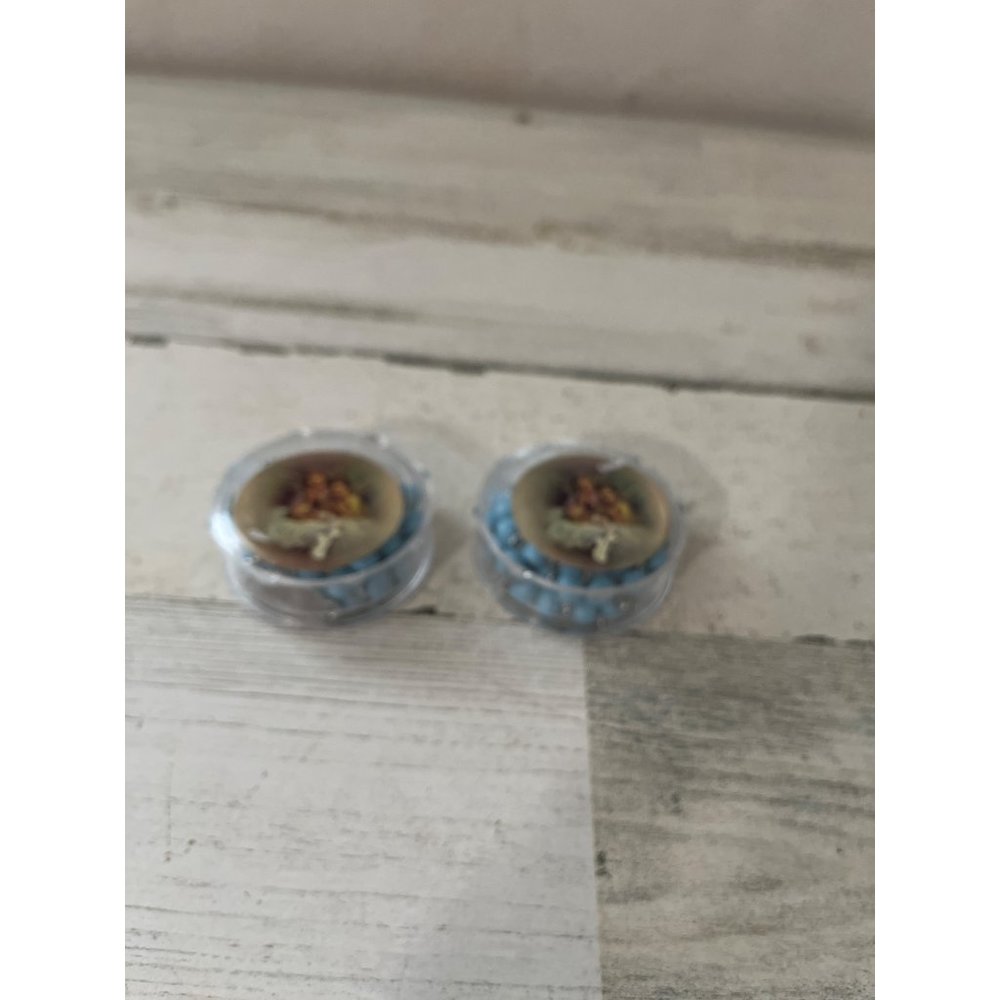 Set of two blue plastic rosary crucifix beads with mother and baby